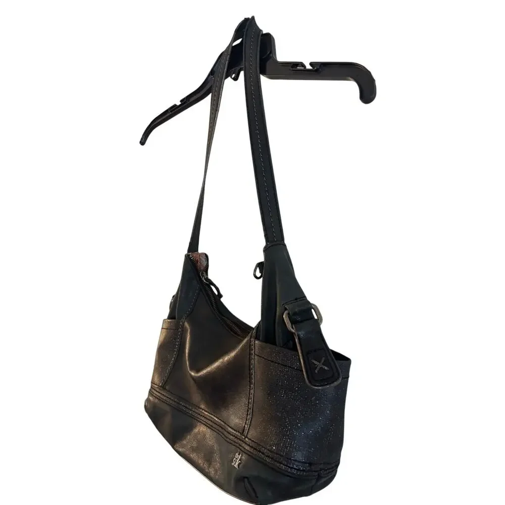 The Sak Kendra Hobo Leather Handbag Boho Y2K Shimmer Details Dark Gray